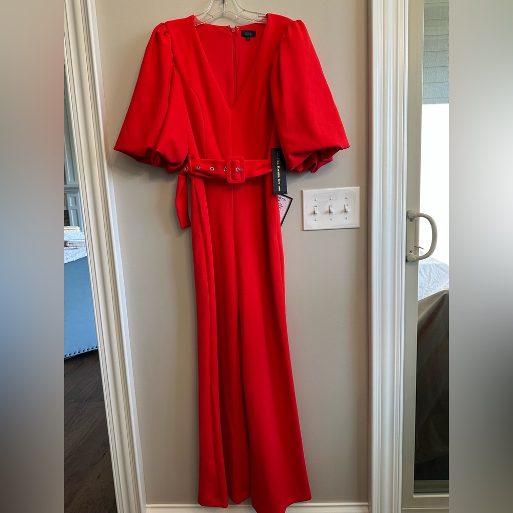 RACHEL Rachel Roy Red Puff-Sleeve Belted Jumpsuit
